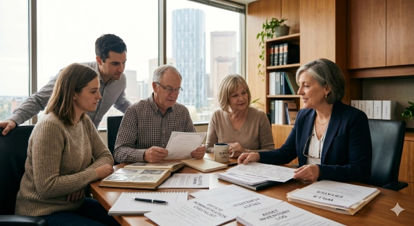 Family discussing estate administration after someone dies without a will in Alberta