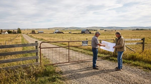 Easement Disputes Alberta: property owners discussing access rights on a rural Alberta right-of-way.